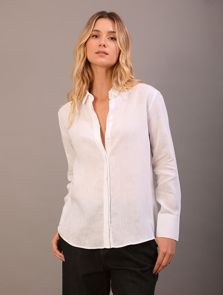 Camisa Social Feminina Manga Longa Básica de Linho Calvin Klein - Branco