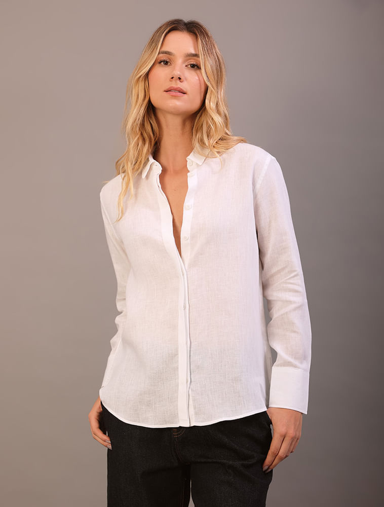 Camisa Social Feminina Manga Longa Básica de Linho Calvin Klein - Branco