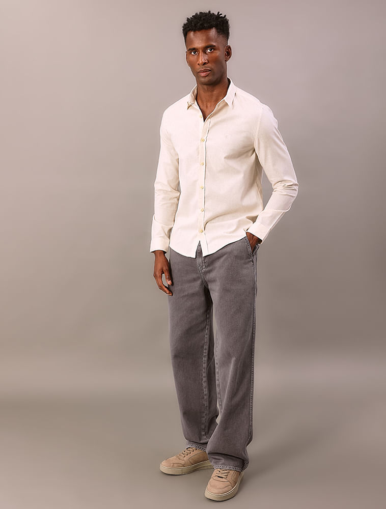 Camisa Manga Longa Calvin Klein Jeans Slim Cotton Linen - Off White - Camisa Manga Longa Calvin Klein Jeans Slim Cotton Linen Off White m