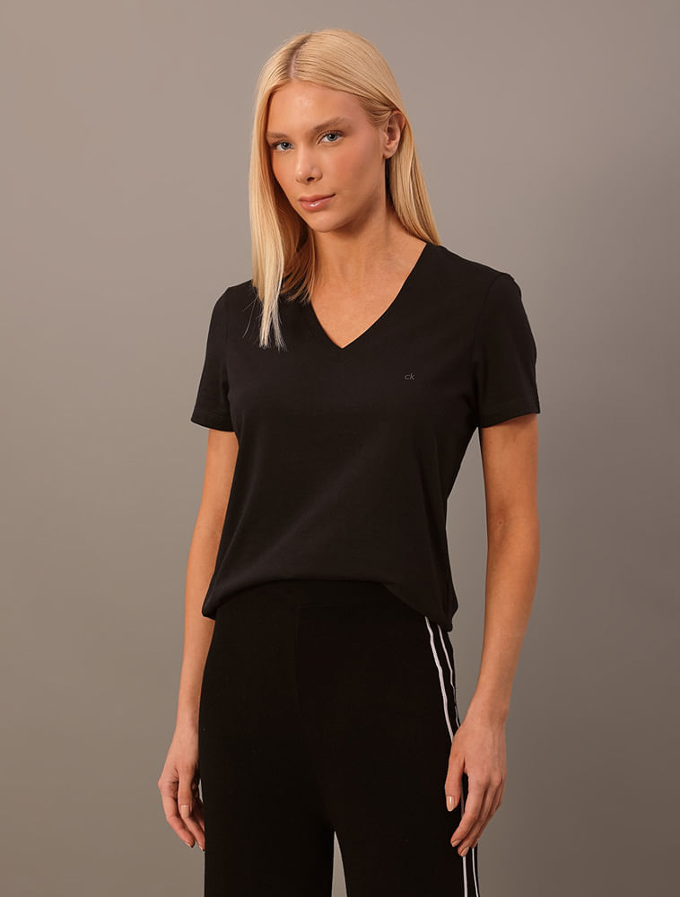 Camiseta Feminina Lisa Decote v Recorte Lateral Calvin Klein - Preto