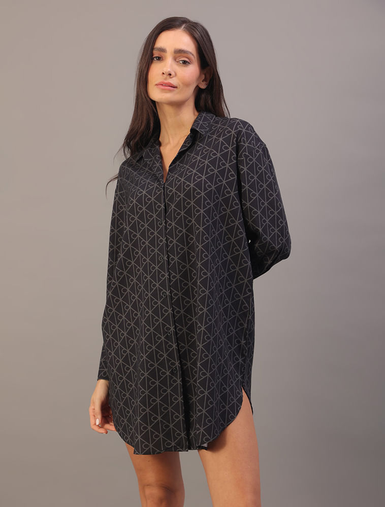 Chemise Feminina Manga Longa Viscose Estampada - Preto — Calvin Klein