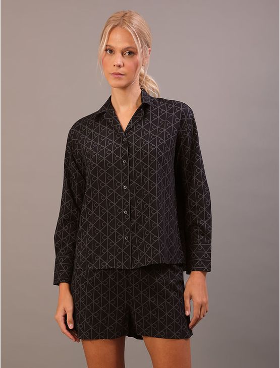 Pijama Feminino Manga Longa e Shorts Viscose Estampado - Preto Pijama Feminino Manga Longa e Shorts Viscose Estampado Preto p