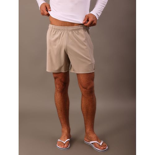 Shorts Elástico Liso com Logo Lateral - Caqui Claro