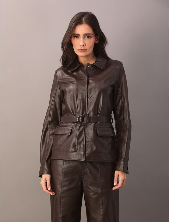 Jaqueta Calvin Klein Feminina de Couro Com Cinto - Marrom Jaqueta Calvin Klein Feminina de Couro Com Cinto Marrom 40