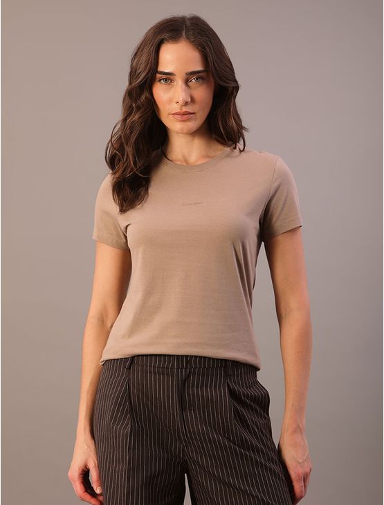 Camiseta Calvin Klein Feminina Mini Logo - Caqui Medio Camiseta Calvin Klein Feminina Mini Logo Caqui Medio Pp
