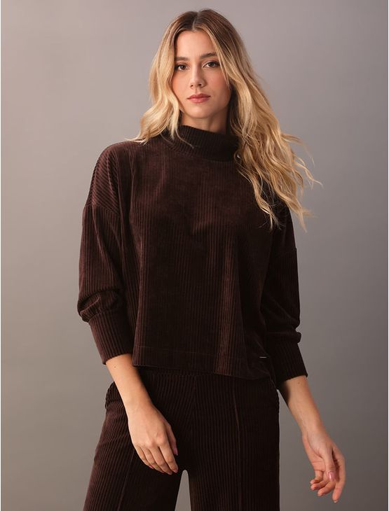 Blusa Calvin Klein Feminina Manga Longa de Malha de Veludo Cot - Marrom Blusa Calvin Klein Feminina Manga Longa de Malha de Veludo Cot Marrom m