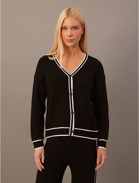 Cardigan Calvin Klein Feminino Com Detalhes Contrastantes - Preto Cardigan Calvin Klein Feminino Com Detalhes Contrastantes Preto m