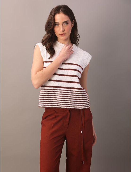 Colete Calvin Klein Feminino de Tricot Com Listras Diferentes - Off White Colete Calvin Klein Feminino de Tricot Com Listras Diferentes Off White m