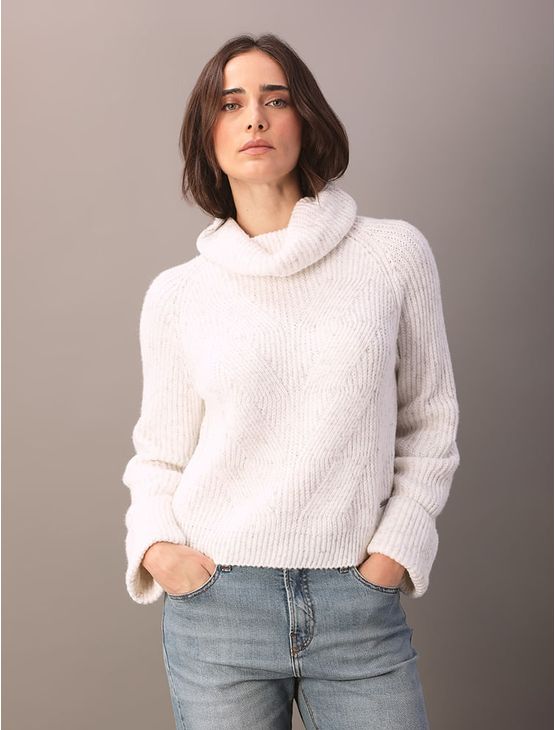 Tricot Calvin Klein Feminino Gola Alta Efeito Mesclado - Off White Tricot Calvin Klein Feminino Gola Alta Efeito Mesclado Off White p