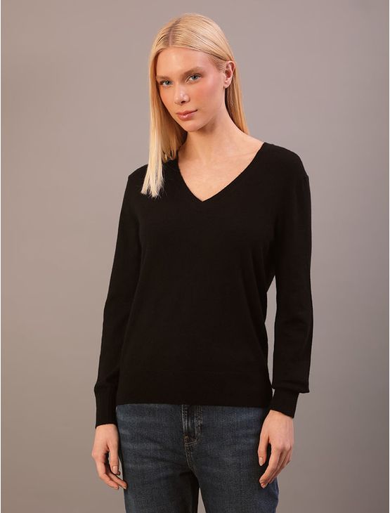 Suéter Calvin Klein Feminino Manga Longa Gola v Com Lã - Preto Suéter Calvin Klein Feminino Manga Longa Gola v Com Lã Preto p
