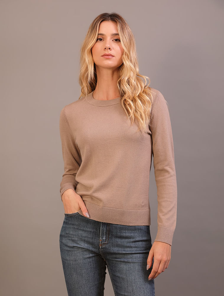 Suéter Tricot Feminino Com Cashmere - Caqui Medio