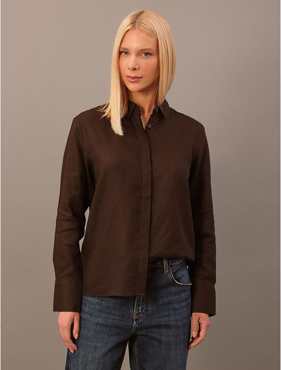 Camisa Calvin Klein Feminina Linho Lisa - Marrom Camisa Calvin Klein Feminina Linho Lisa Marrom 38