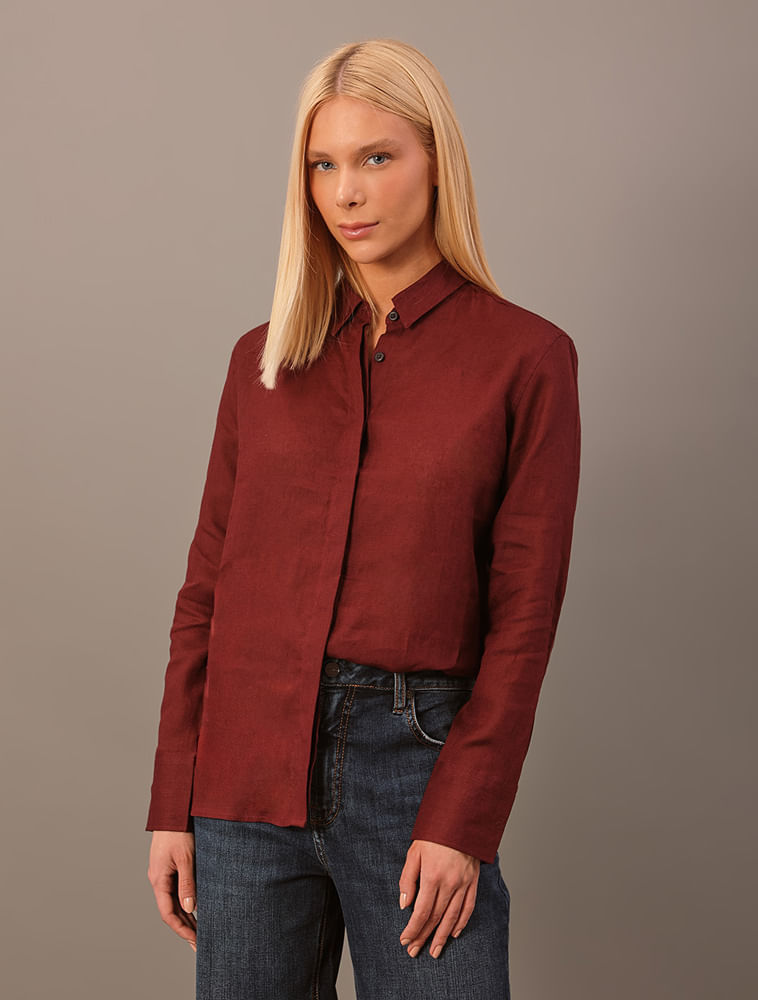 Camisa Calvin Klein Feminina Linho Lisa - Bordo