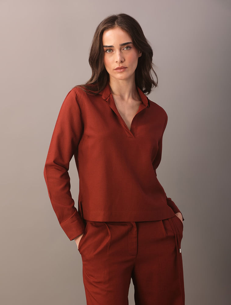 Top Calvin Klein Feminino Manga Longa Com Gola de Camisa - Ferrugem