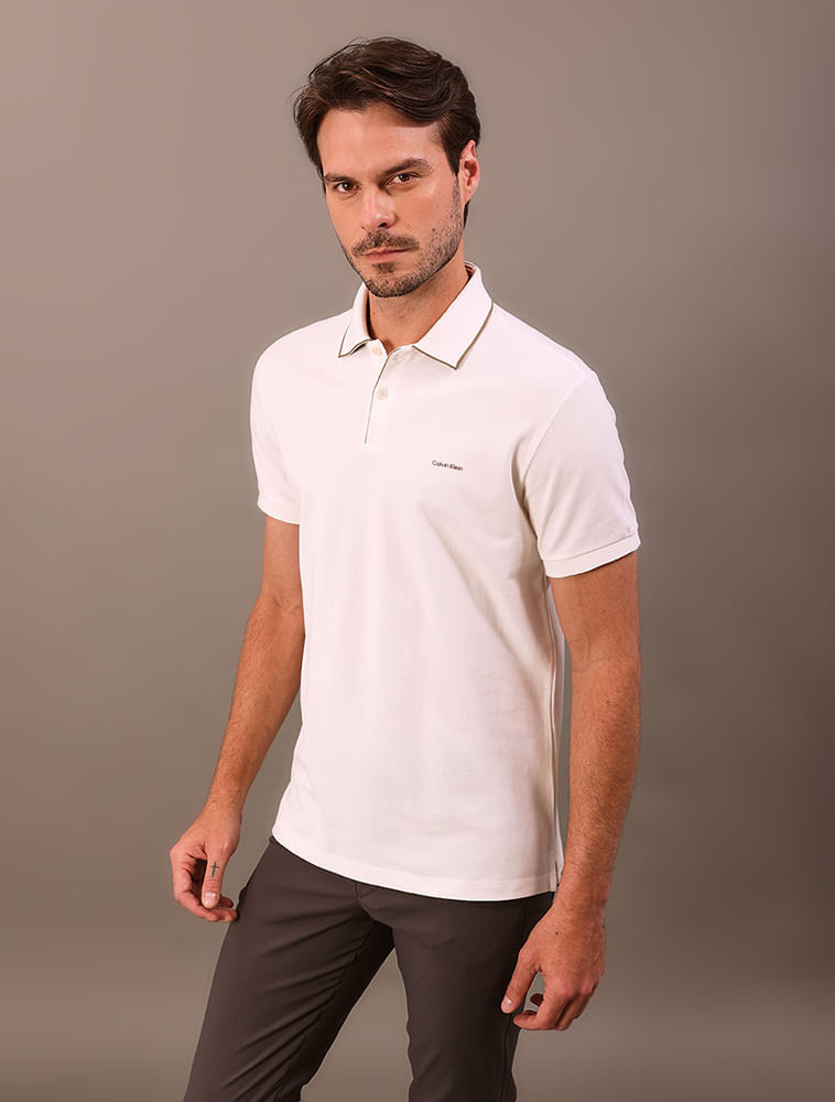 Polo Manga Curta Calvin Klein Regular Listras Surton - Off White