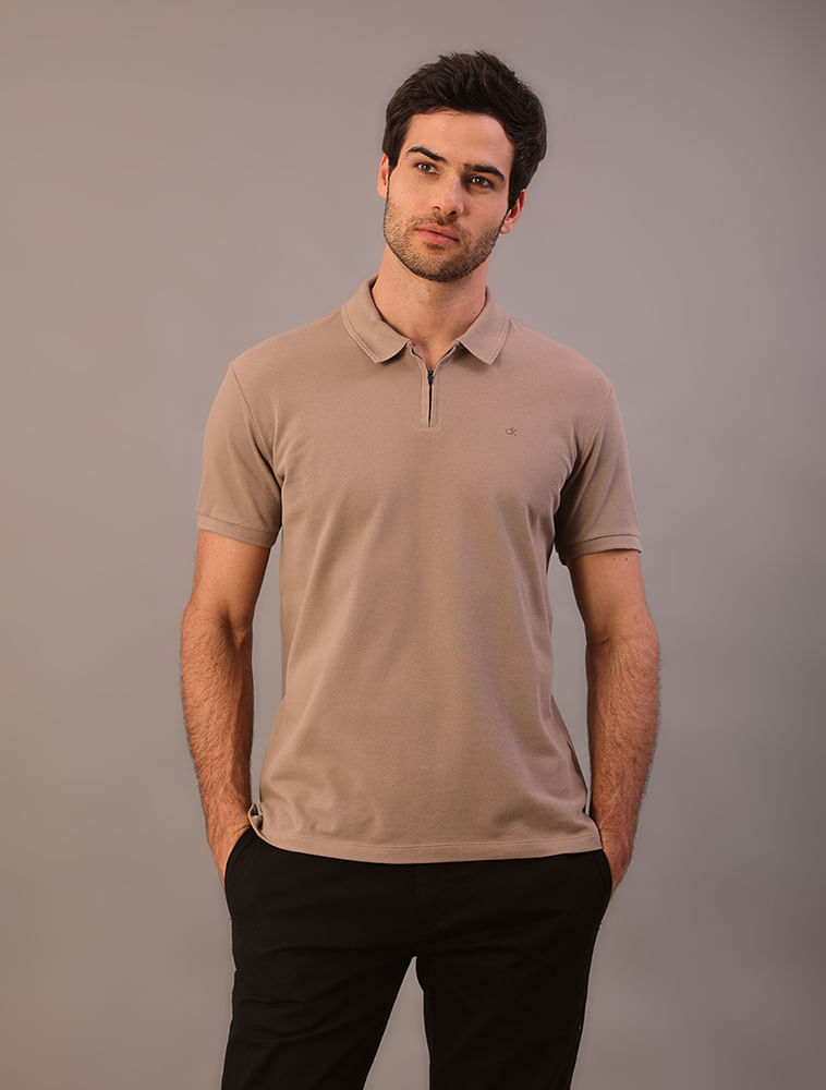 Polo Manga Curta Calvin Klein Masculino Slim Meio Zíper - Caqui Medio