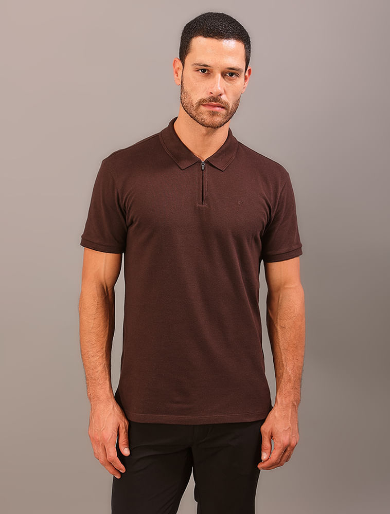 Polo Manga Curta Calvin Klein Masculino Slim Meio Zíper - Marrom
