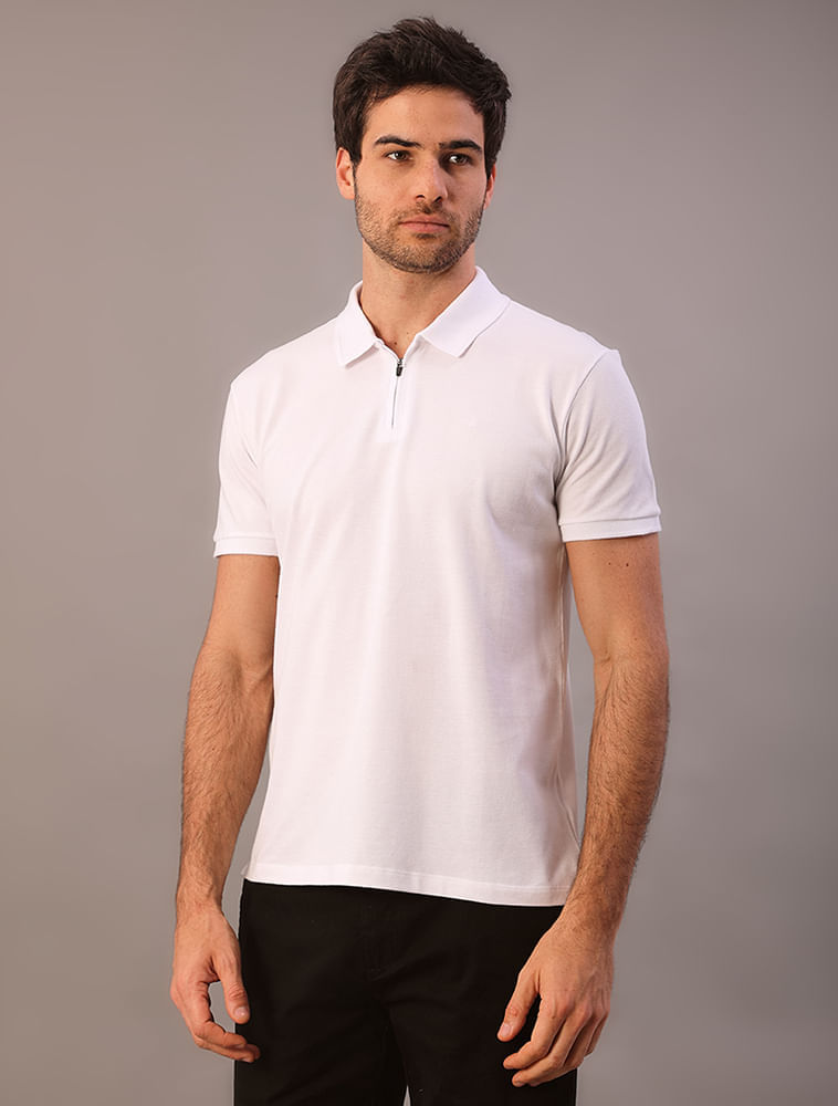 Polo Manga Curta Calvin Klein Masculino Slim Meio Zíper - Branco