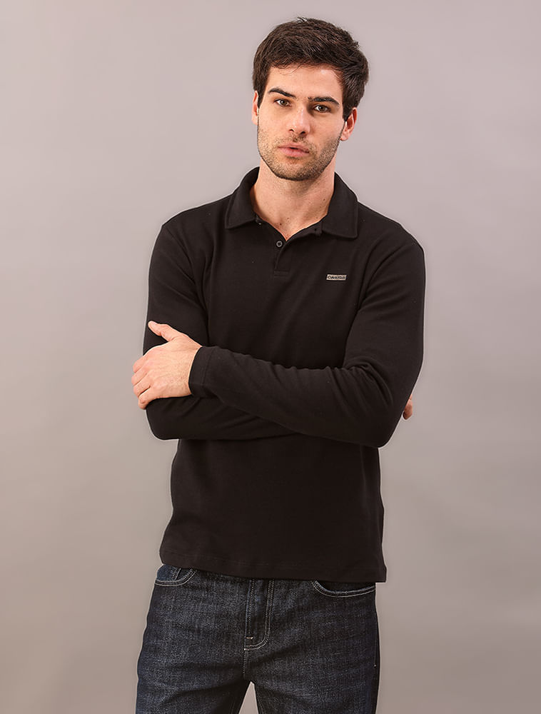 Polo Manga Longa Calvin Klein Regular Suedine - Preto