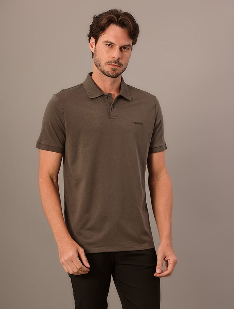 Polo Masculina Calvin Klein Manga Curta Logo Silver Jersey - Cinza Médio