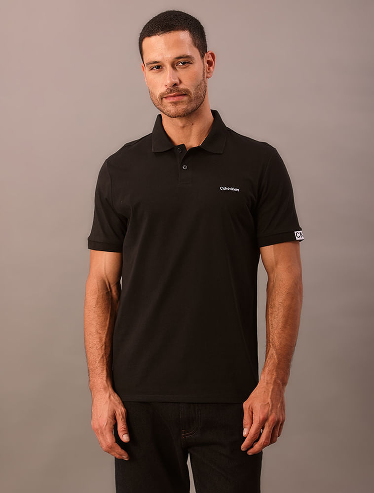 Polo Masculina Calvin Klein Manga Curta Logo Silver Jersey - Preto