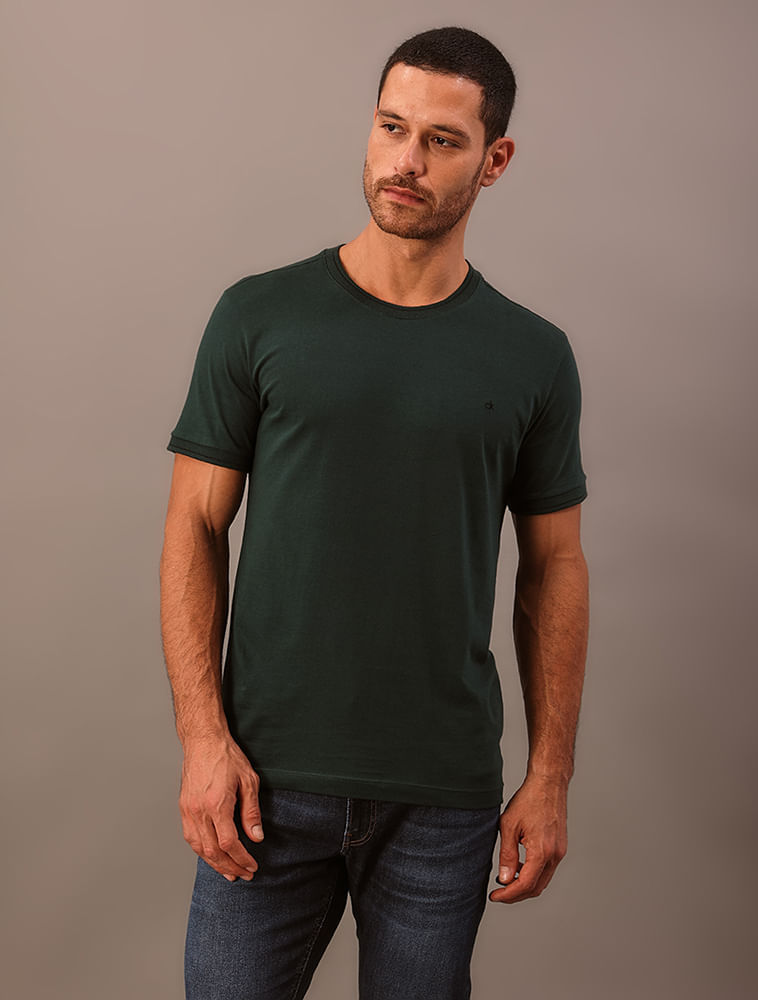 Camiseta Manga Curta Calvin Klein Masculino Gola Com Frisos - Verde Médio