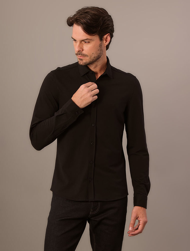 Camisa Manga Longa Slim Malha Piquet - Preto - Camisa Manga Longa Slim Malha Piquet Preto 4