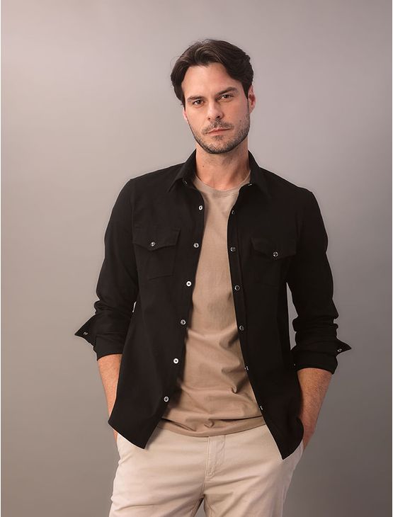 Camisa Manga Longa Slim Cotelê Com Bolsos - Preto Camisa Manga Longa Slim Cotelê Com Bolsos Preto 5