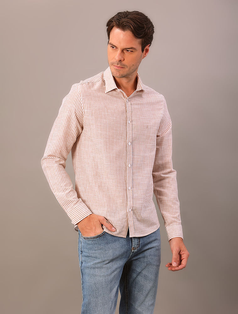 Camisa Manga Longa Slim Linen Stripes - Caqui Medio