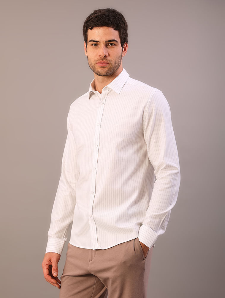 Camisa Manga Longa Slim Maquineta Listras - Branco