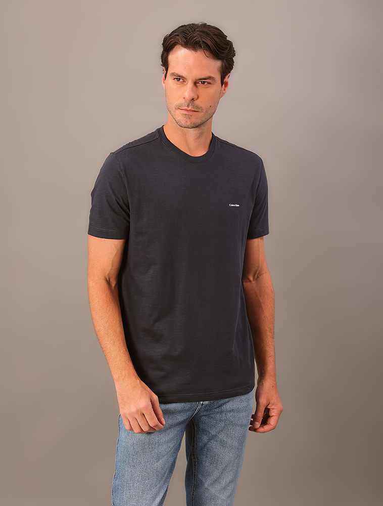 Camiseta Masculina Slim Minimalista Flamê Calvin Klein - Azul Marinho