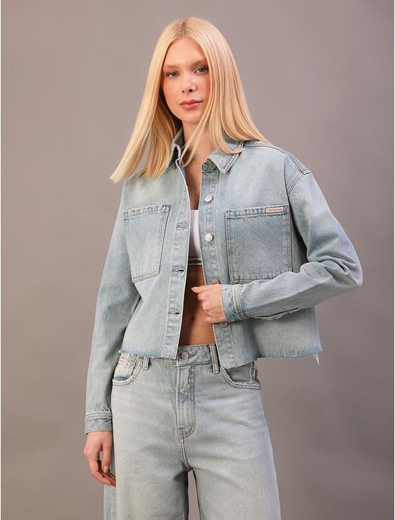 Overshirt Cropped Feminino Barra a Fio - Azul Claro Overshirt Cropped Feminino Barra a Fio Azul Claro g