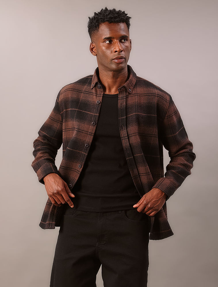 Camisa Manga Longa Overshirt Xadrez - Marrom