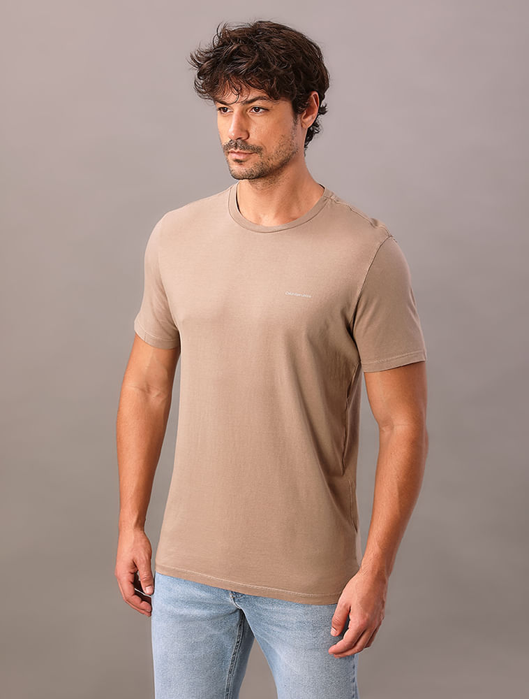 Camiseta Manga Curta Calvin Klein Jeans Masculino Flowers - Caqui Medio