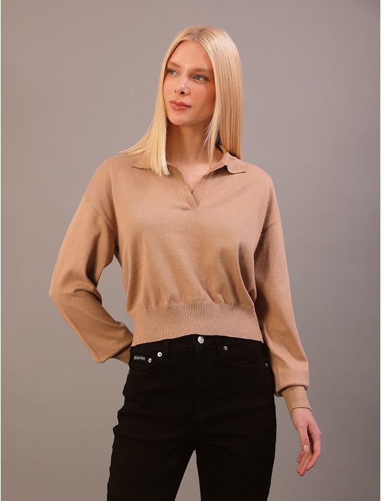 Suéter Calvin Klein Jeans Feminino Manga Longa - Caqui Medio Suéter Calvin Klein Jeans Feminino Manga Longa Caqui Medio g