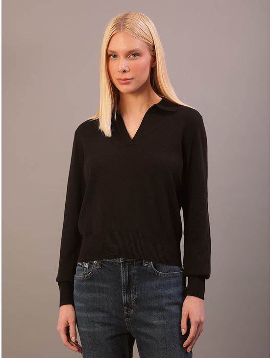 Suéter Calvin Klein Feminino Manga Longa Gola Johnny Com Lã - Preto Suéter Calvin Klein Feminino Manga Longa Gola Johnny Com Lã Preto p