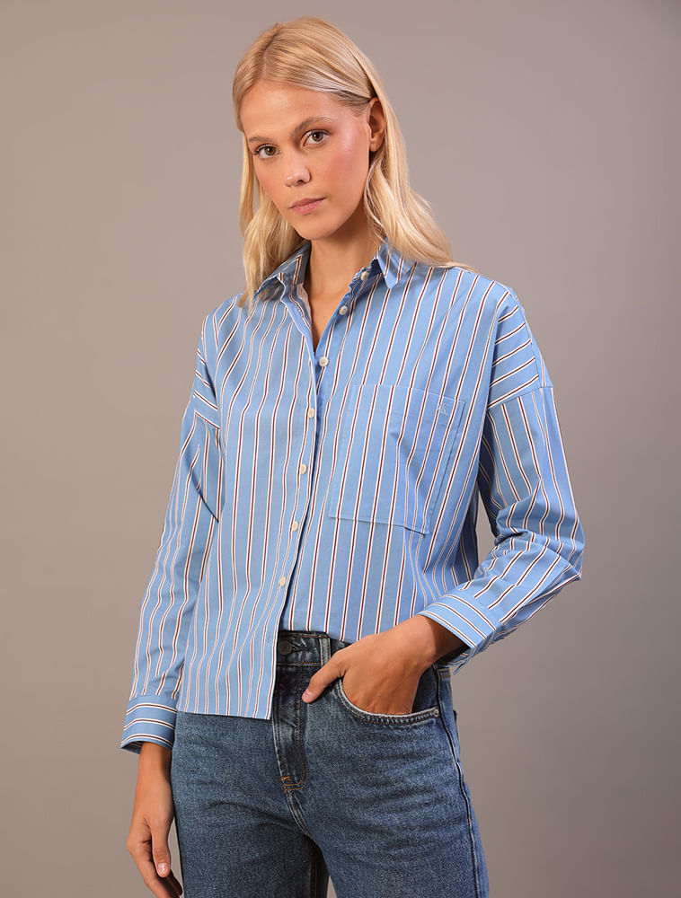 Camisa Manga Longa Calvin Klein Jeans Feminino Listrado Exclusivo - Azul Claro