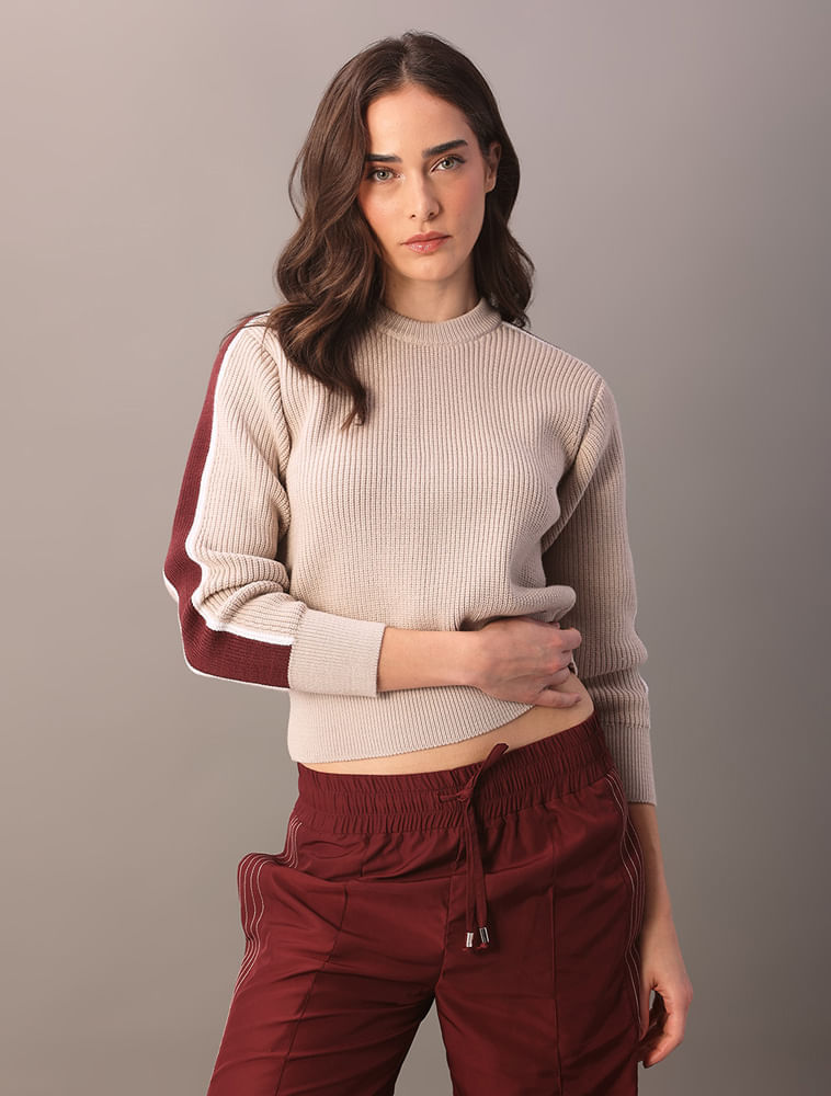 Tricot Calvin Klein Jeans Feminino Faixa Lateral Contrastante Caqui Claro p