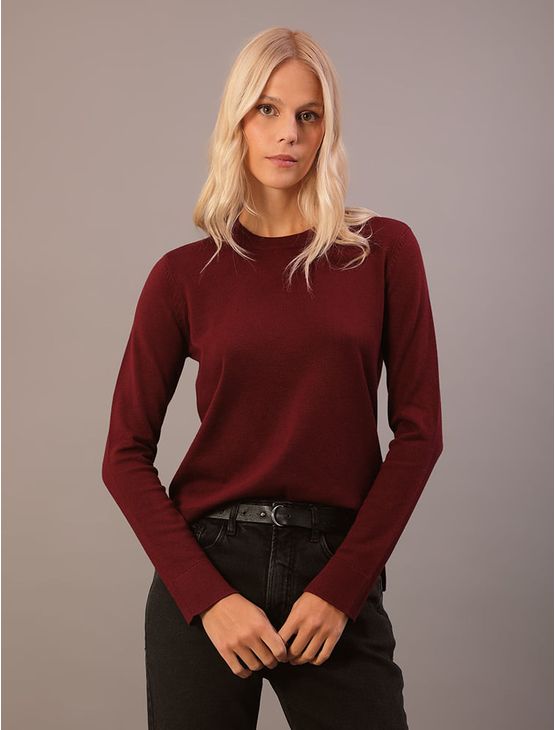 Suéter Calvin Klein Jeans Feminino Tricot Básico Gola Careca - Bordo Suéter Calvin Klein Jeans Feminino Tricot Básico Gola Careca Bordo m