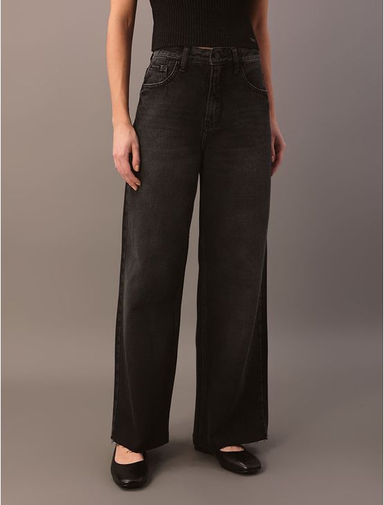 Calça Jeans Wide Leg Feminina Barras a Fio - Preto Calça Jeans Wide Leg Feminina Barras a Fio Preto 40