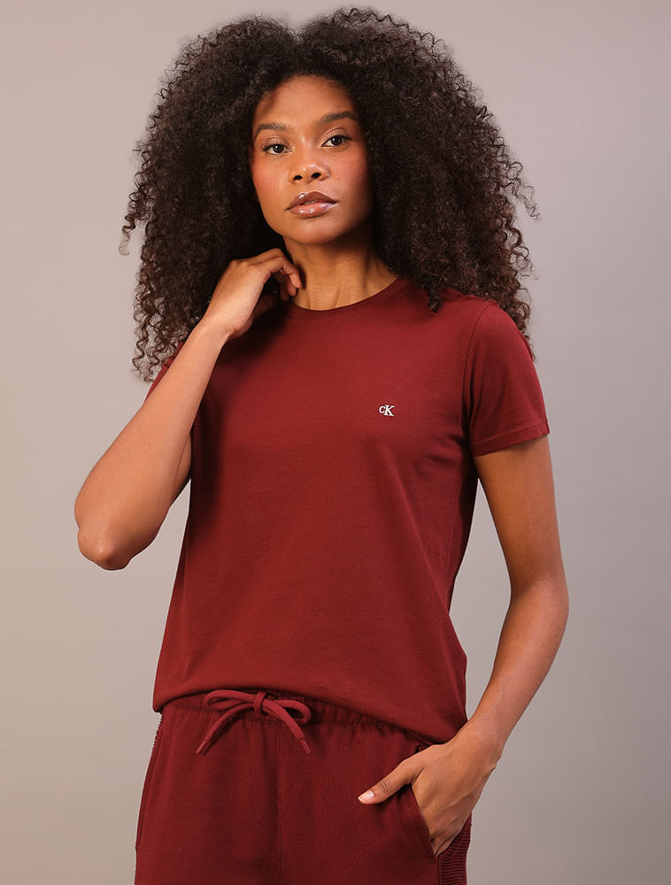 Camiseta Manga Curta Feminina Logo Calvin Klein Bordado - Bordo — Calvin Klein