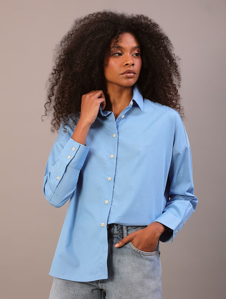 Camisa Calvin Klein Jeans Feminina Manga Longa Com Bordado Ck - Azul Claro
