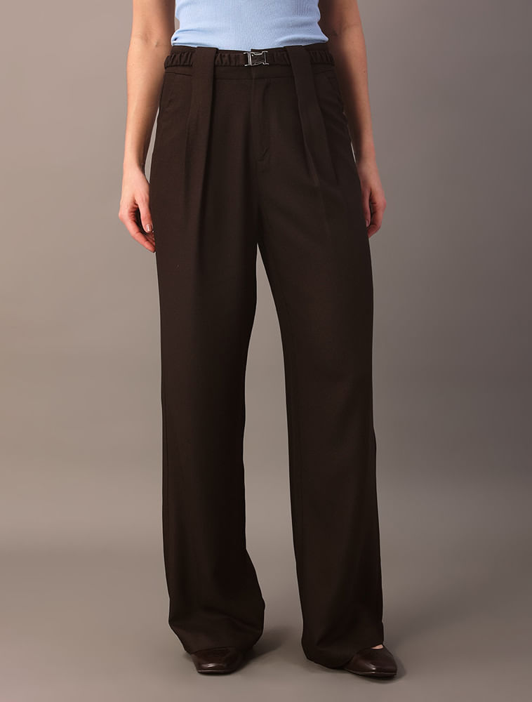 Calça Calvin Klein Jeans Feminino Cinto Elástico Com Fivela - Marrom