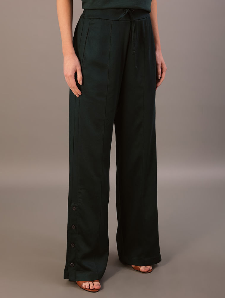Calça Wideleg Calvin Klein Jeans Feminino Detalhamento em Botões - Verde Médio