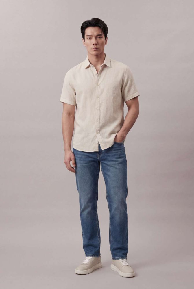 Camisa Manga Curta Calvin Klein Jeans Cotton Linen - Areia