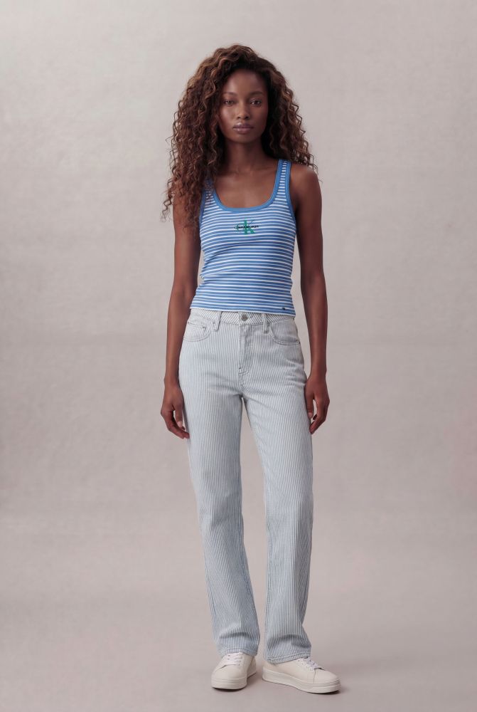 Calça Color Cropped Straight Listras - Azul Claro