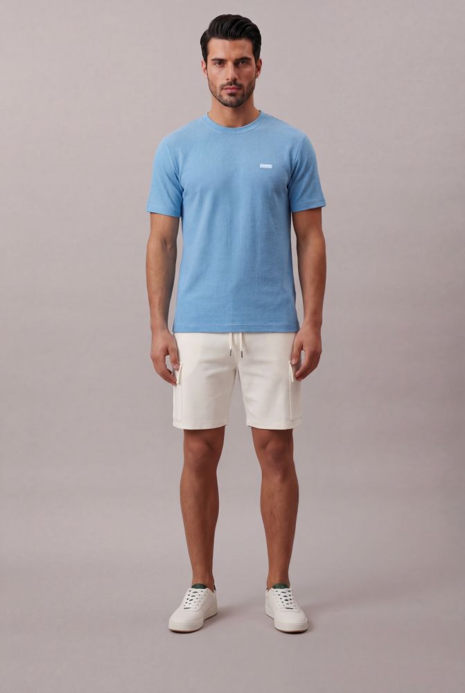 Camiseta Manga Curta Calvin Klein Masculino Piquet Patch Borrach - Azul Médio - Camiseta Manga Curta Calvin Klein Masculino Piquet Patch Borrach Azul Médio Pp