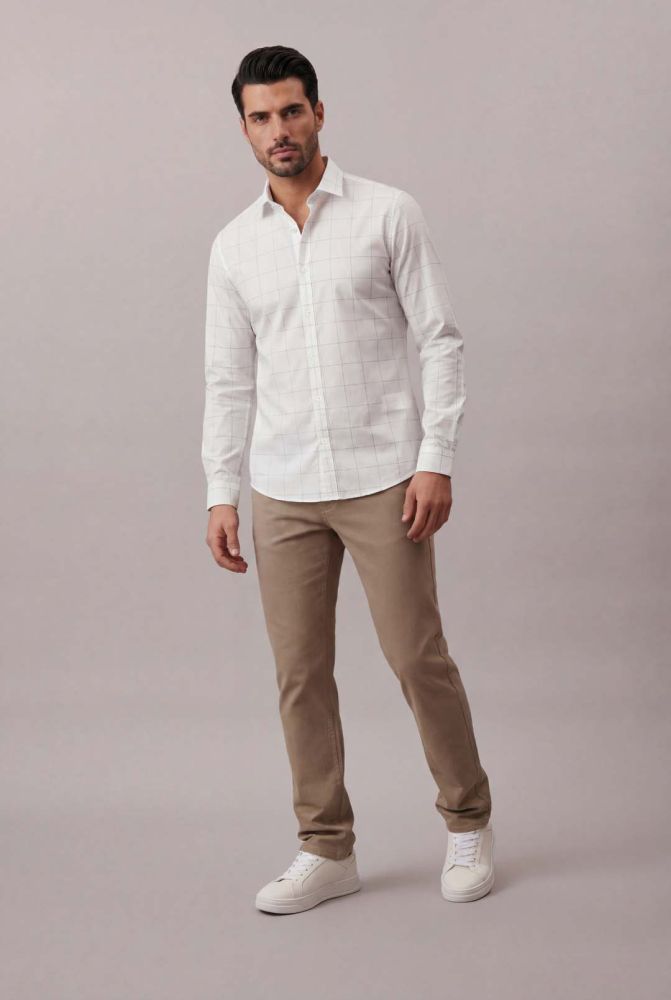 Camisa Manga Longa Slim Tricoline Xadrez - Branco — Calvin Klein