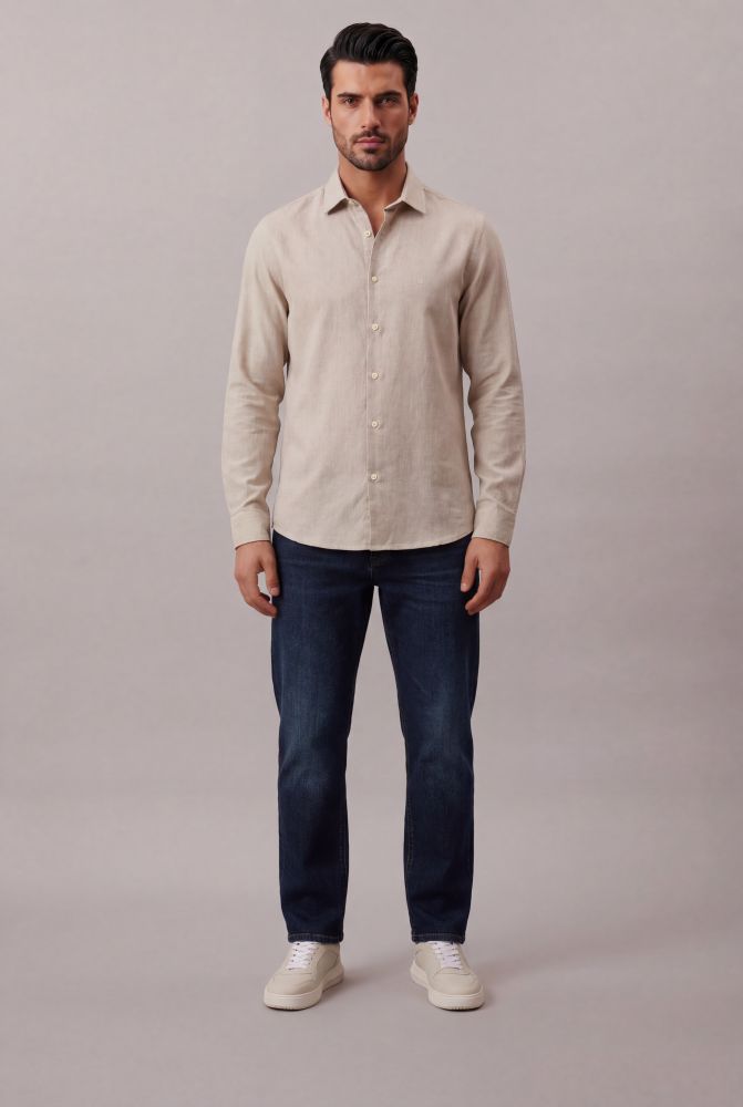 Camisa Manga Longa Slim Micro Chevron - Caqui Claro - Camisa Manga Longa Slim Micro Chevron Caqui Claro 1