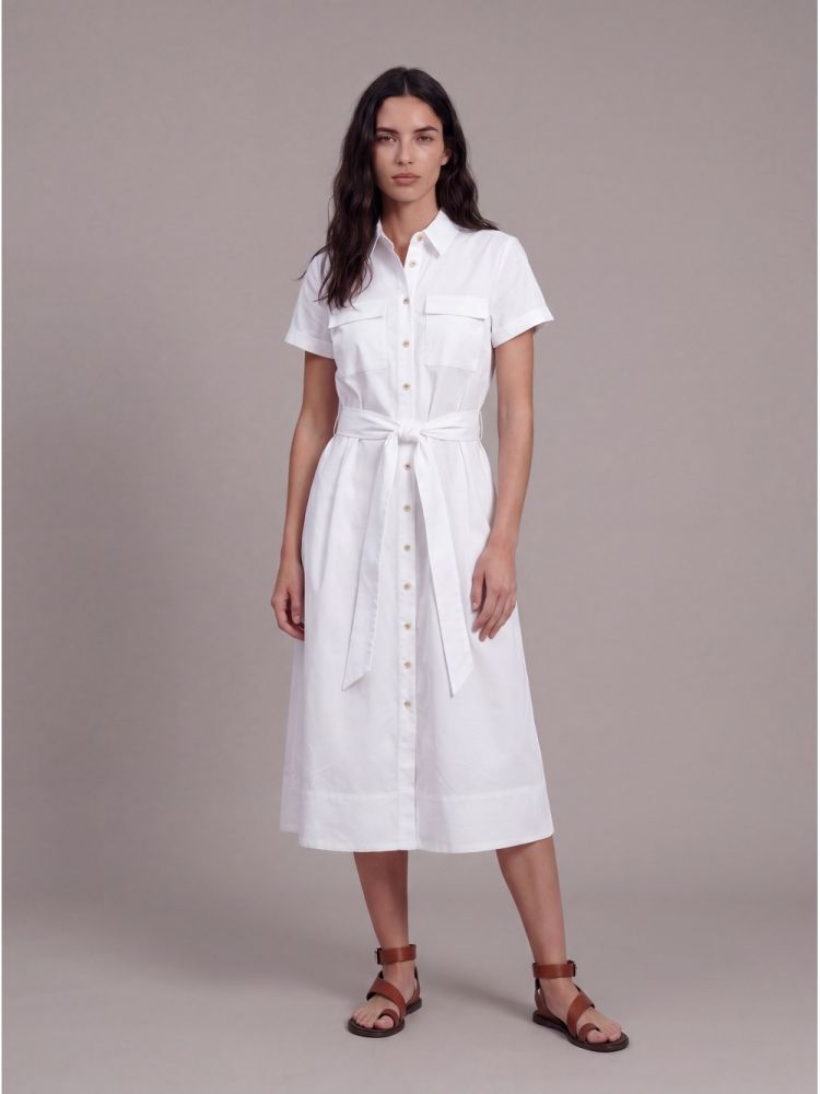 Vestido Chemise com Saia Ampla e Faixa p - Off White
